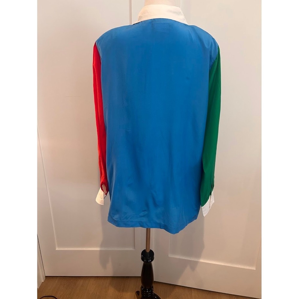 Linea by Louis Dell'Olio Silk Colorblock Button Down Blouse Blue Red Green 1X - Picture 5 of 8